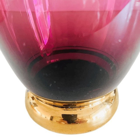Image 1 of Antique small glass vase, amethyst, purple glass, golden deer, 1930s