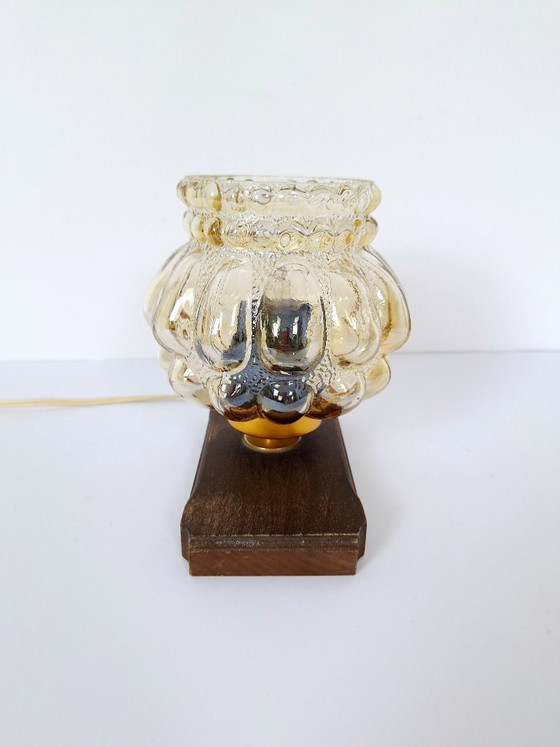 Image 1 of Mid Century Amber Glass Table Lamp / Retro Wood Brass Nightstand Light / 1970s Bubble Glass Desk Fixture / Vintage Small Lantern