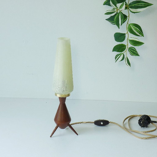 Vintage Tripod Table Lamp Danish Design Teak Rocket Lamp 60s 70s – tafellampen, Glass, Wood