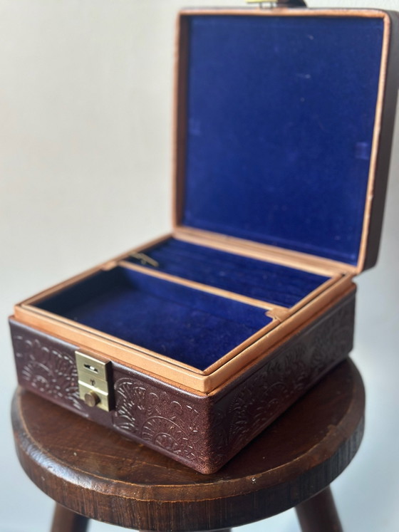 Vintage Leather Jewelry Box (Spain), Including Key, Decorative Objects, Metal, Blue (photo 5 of 6)