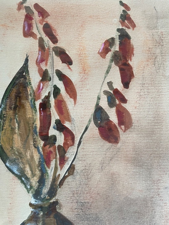 Image 1 of Watercolor and pastel still life painting "Vase of Dried Flowers"