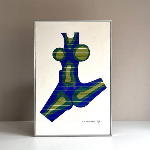 Vintage painting. Egon Peter Moosmann. Female torso. Op Art. 1970s. Hand-signed. Dated. Mid-Century Modern.