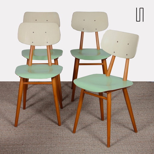 Suite Of 4 Vintage Wooden Chairs, Edited By Ton, 1960