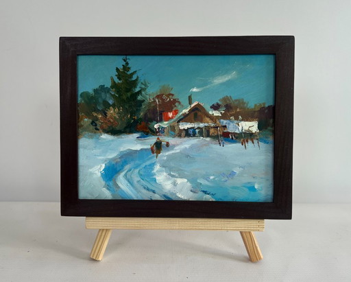 Original Oil Painting Winter House Landscape Winter path leading home