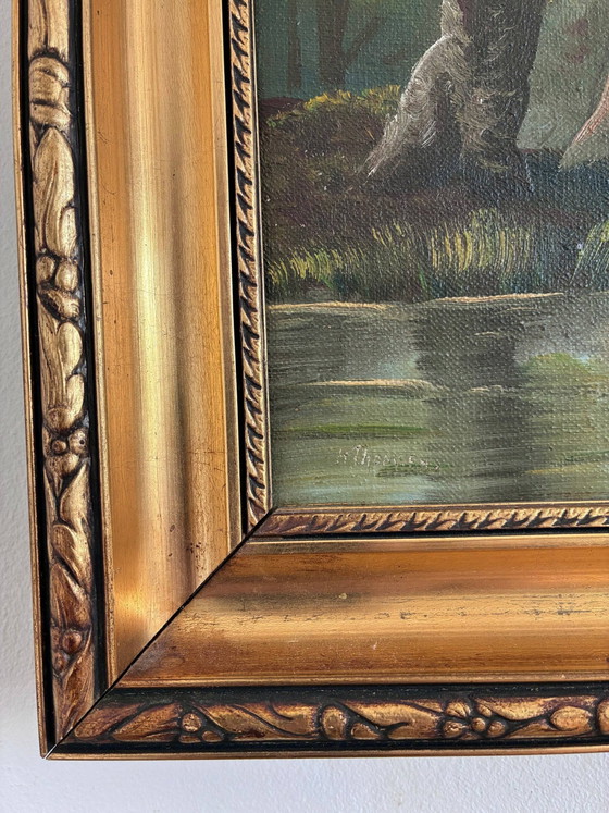 Image 1 of Peinture à l'huile originale vintage représentant un paysage de rivière, signée River Art