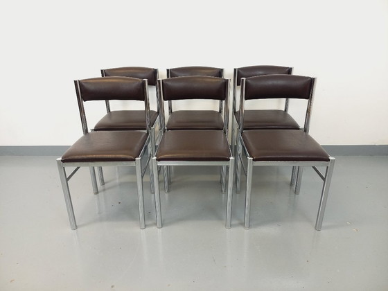 Image 1 of Set di 6 sedie vintage anni '70 in metallo cromato e similpelle marrone
