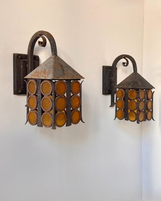 Paire d'appliques vintage en métal et verre ambré, France 1950 – wandlampen, Metal (photo 2 of 6)