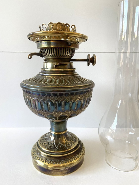 Image 1 of Lampe à Pétrole Huile Kérosène Anglaise Hinks & Son Napoléon III Cuivre Jaune