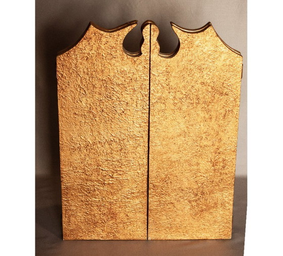 Image 1 of Religious triptych of carved wood and gold leaf. Painting with Virgin and Child. Folding picture with illustration.