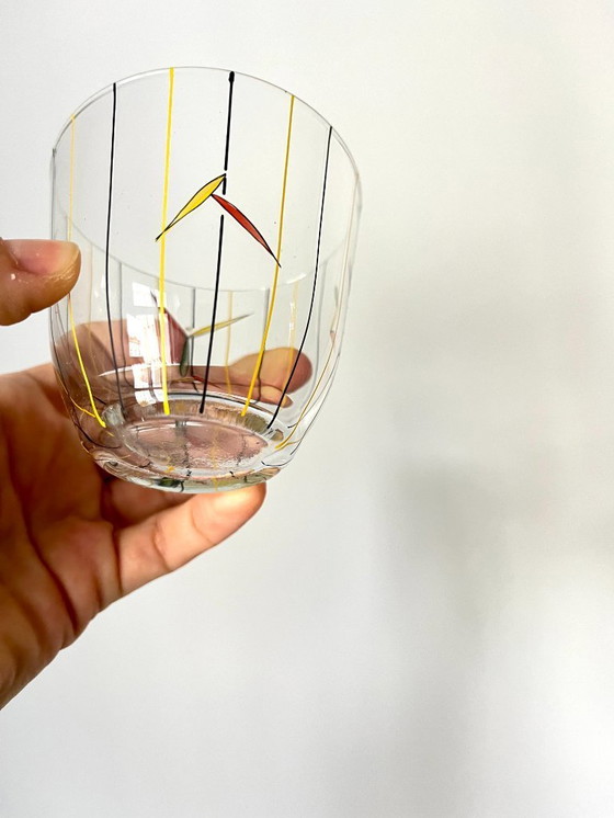 Image 1 of Set vintage di 6 bicchieri dipinti a mano di metà secolo - Articoli da bar anni '50 con design giallo e nero