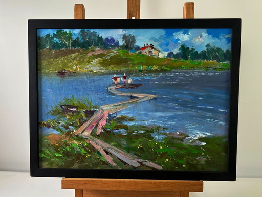 Original Oil Painting Summer Coastal Landscape People looking at the flow of river