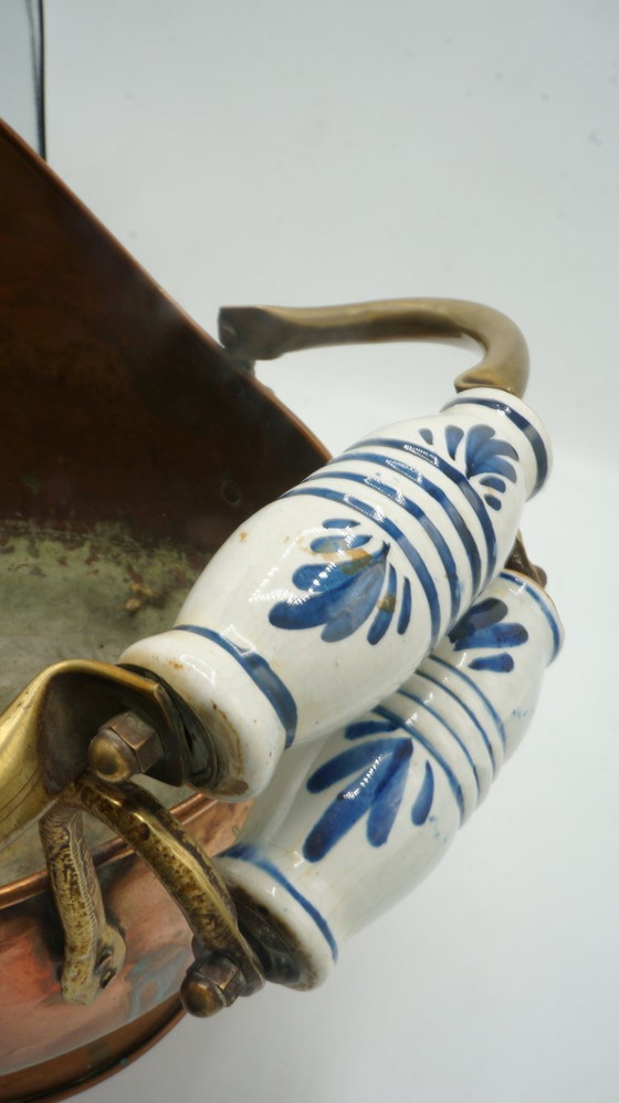 Image 1 of COPPER DUTCH HELMET COAL ASH SCUTLLE BUCKET DELFT BLUE HANDLE BRASS LION HEAD