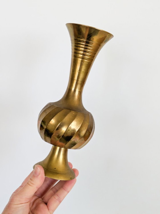 Vintage Solid Brass Trumpet-Shaped Pedestal Vase With Ribbed And Swirl Details (photo 3 of 15)
