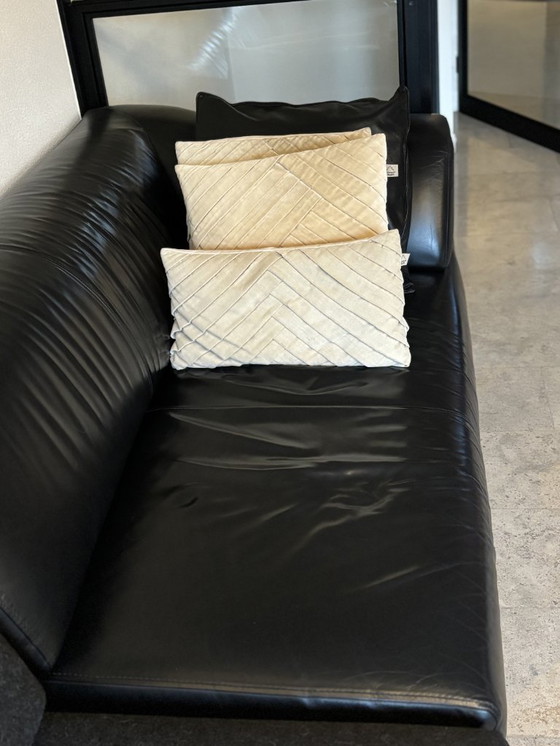 Image 1 of Leolux Faya Lobi corner sofa with loose footstool - black leather and fabric loose element piece