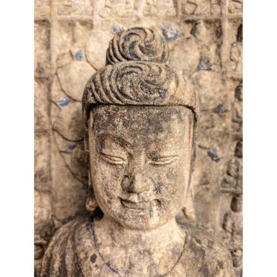 Image 1 of Large Himalayan limestone Buddha stele with naga and temple relief