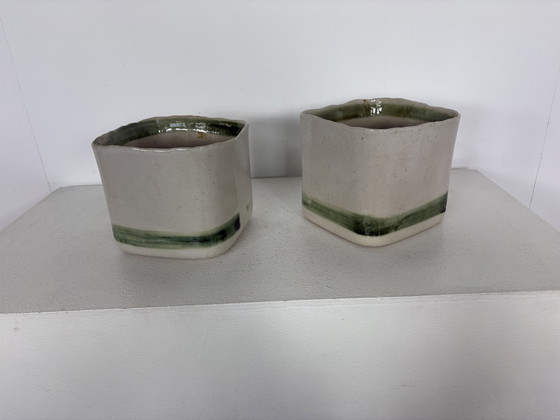 Image 1 of 2 Vintage Mobach Tom Bruinsma Groen met Crème Bloempotten jaren’70