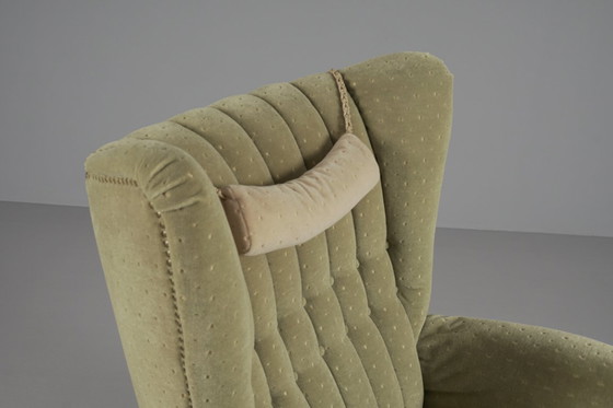 Image 1 of Large Green Italian Wood & Fabric Wingback Armchair, 1950s