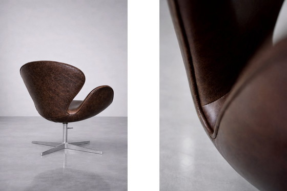 Image 1 of Poltrona Swan in pelle marrone danese vintage di metà secolo, realizzata da Arne Jacobsen per Fritz Hansen, 1958