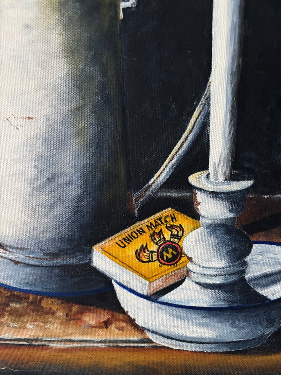 Vintage Still Life Painting – Coffee Pot & Candle – Oil on Canvas – Paintings & Drawings (photo 3 of 8)