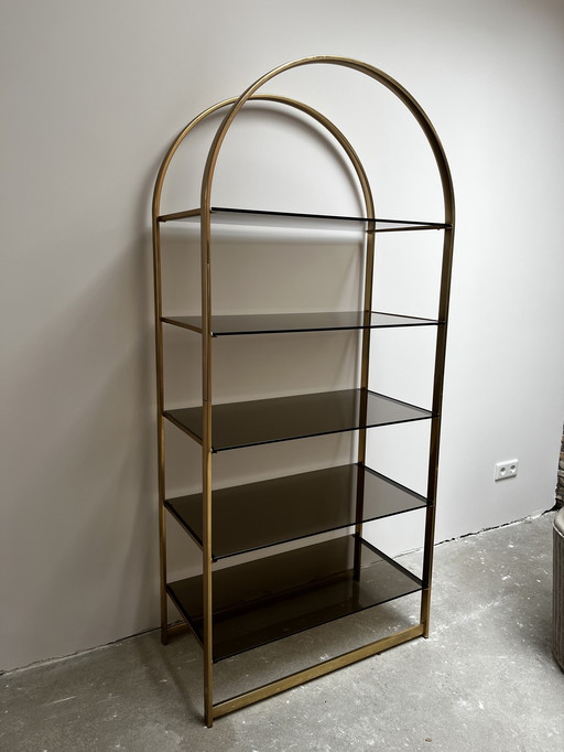 Vintage brass open display case with smoked glass