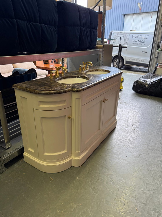 Classic Double Marble Top Bathroom Vanity & Gold Hardware – Storage cabinet (photo 6 of 12)