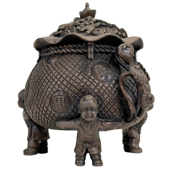 Quemador de Incienso Chino de Bronce con Niños y Símbolos de la Suerte *Olla de la Suerte* (photo 3 of 10)