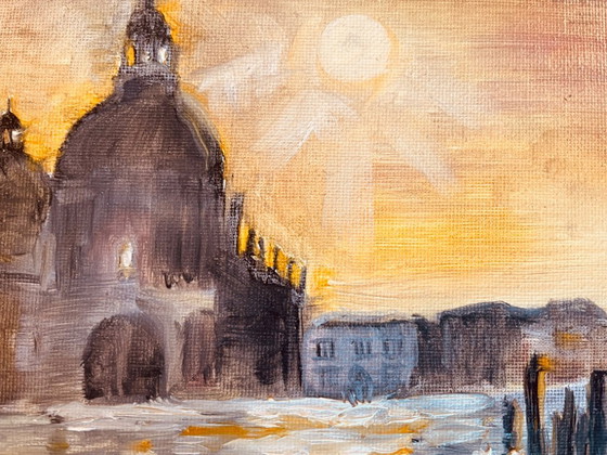 Image 1 of Signed oil painting on canvas, Venice landscape "Santa Maria" at sunset
