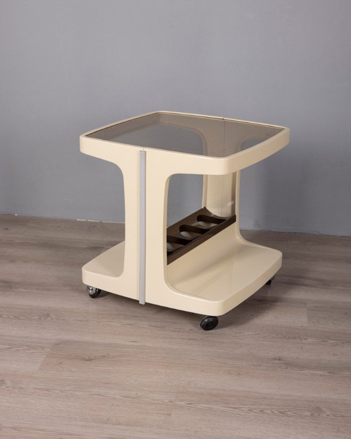 Carrello bar vintage anni '70 in plastica e vetro di Marc Held per Prisunic
