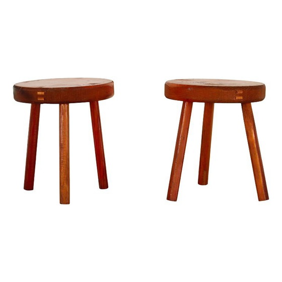 Image 1 of 2x fir wood stools in the style of the "Méribel" model by Charlotte Perriand, Italy, 1960s