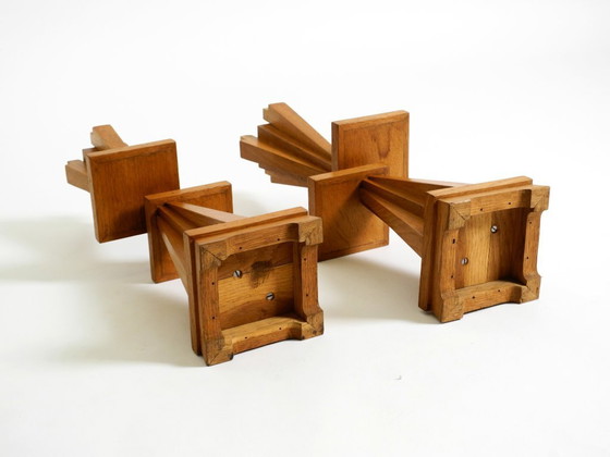 Image 1 of Two Unique Mid-Century Standing Ashtrays Consisting of Red Alabaster Cup with Beautiful Wooden Stand with Shelves