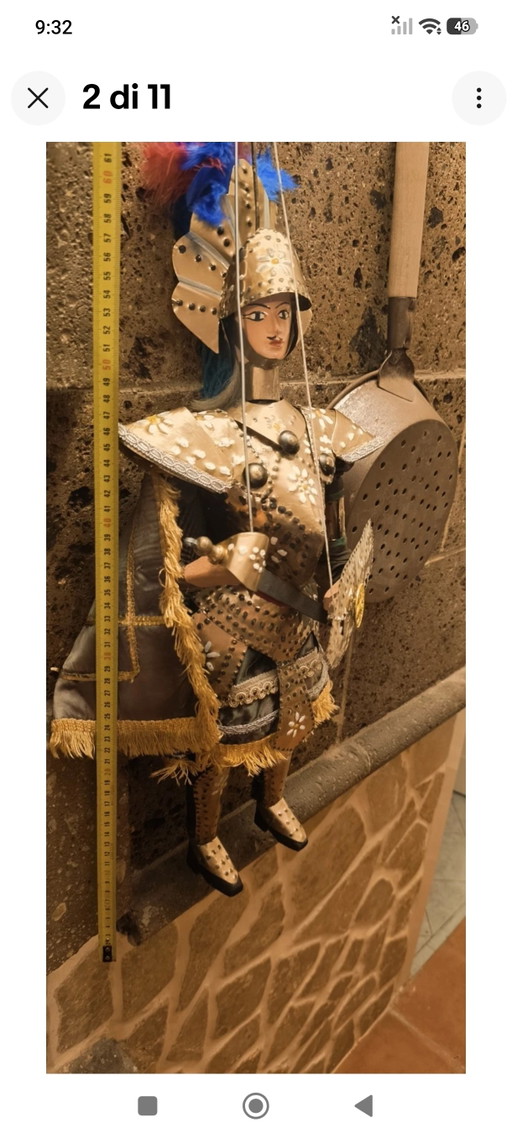 Vintage Pupo Puppet, 60cm, Brass Armor and Handmade Clothes. – decoratieve objecten, Metal, Textile (photo 2 of 11)