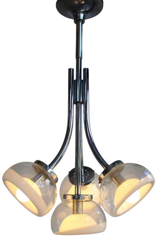 Image 1 of Gaetano Sciolari Attr. Vierarmiger Muranoglas-Chrom-Kronleuchter, 1970er Jahre