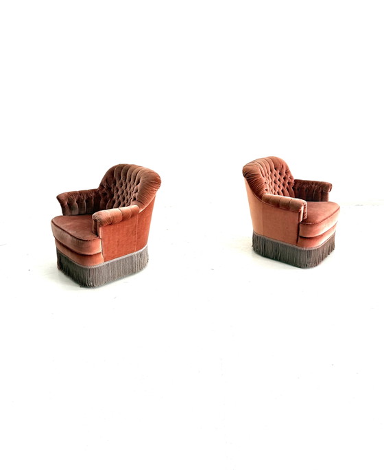 Set Van 2 Vintage Velours Fauteuils ‘60 – Wood, Metal (photo 3 of 8)