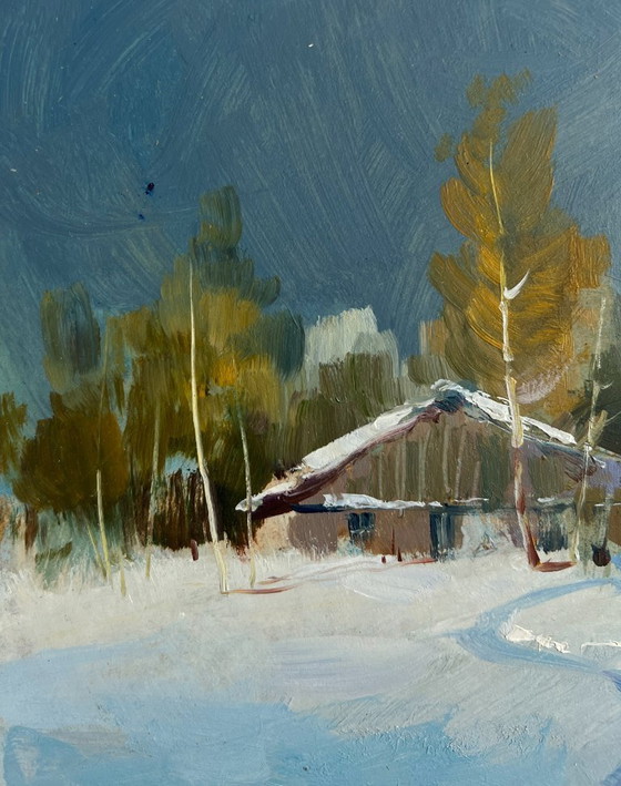 Image 1 of Origineel olieverfschilderij: Winterdorplandschap, comfort tijdens een winternacht.