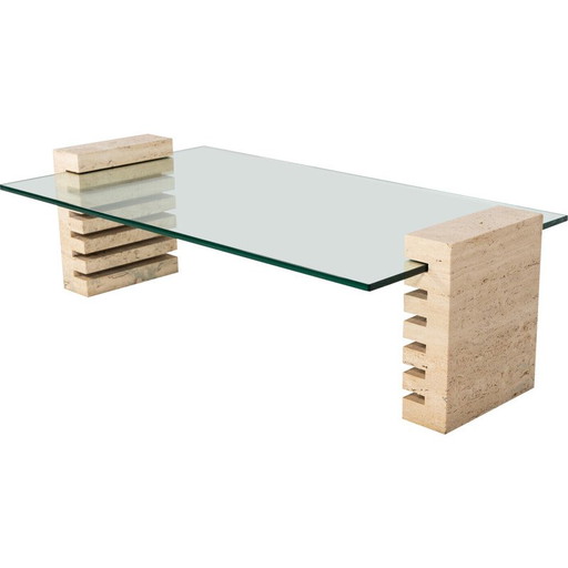 Mesa de centro vintage de cristal y travertino, Italia, 1970