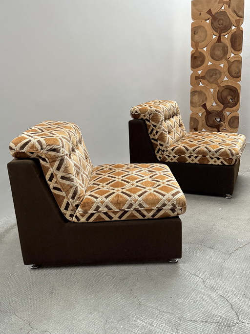2x RETRO FAUTEUIL MODULAIRE ET OTTOMAN EN OUTIL JAUNE ORANGE MARRON 1970