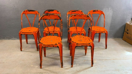 Set aus 6 industriellen Esszimmerstühlen aus Metall von Joseph Mathieu, lackierter Stahl, 1920er Jahre, Frankreich