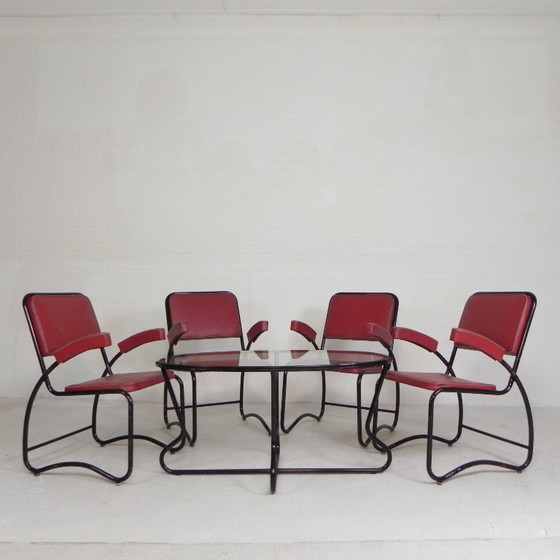 Image 1 of Conjunto de 4 sillones y mesa de centro con estructura tubular de estilo Bauhaus, década de 1950.