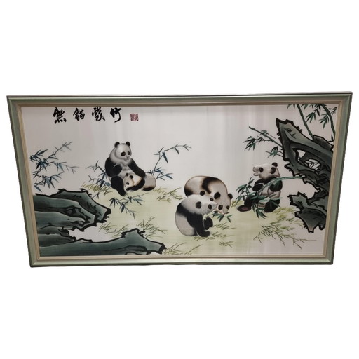 Vintage Chinese Silk Embroidery With Pandas