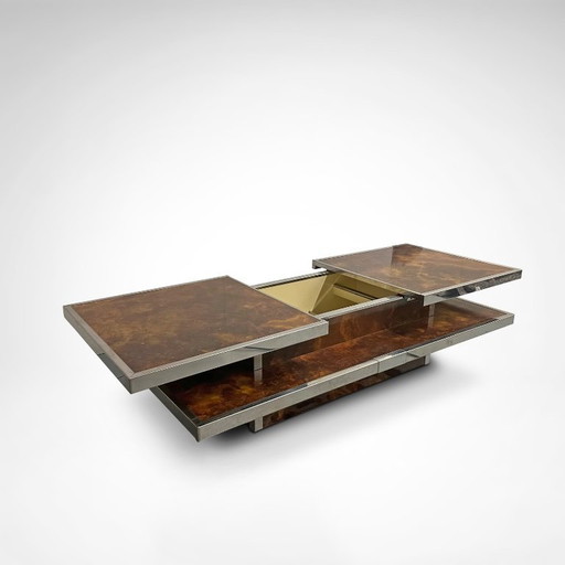 Schuifbare salontafel met twee niveaus van wortelhout en metaal, met geïntegreerde bar, Frankrijk, jaren 80.