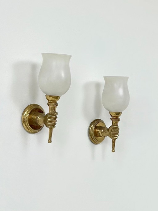 Pair of vintage wall lights, Maison Jansen, patinated solid brass and opaline glass, France, 1960