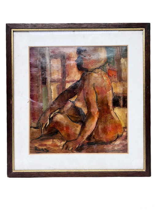 Pintura al óleo sobre contrachapado de desnudo femenino de Aldo Sterchele, 1980
