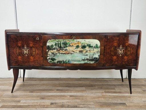 Mid-century mahogany sideboard from the 1950s with aqua green glass and a central bar compartment