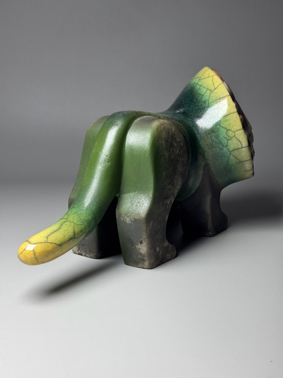 South African Raku Ceramic Lion, African-Inspired Sculpture, Handcrafted Decorative Art, Green (photo 13 of 14)