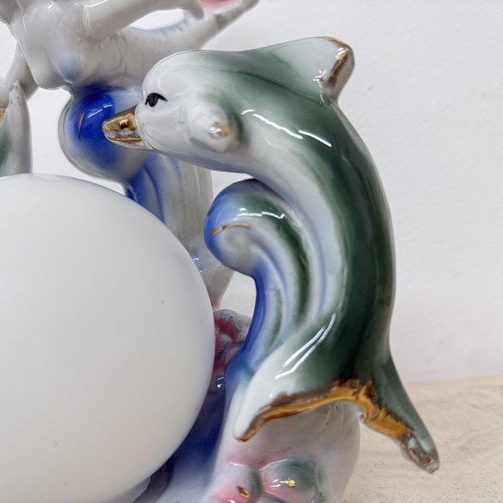 Image 1 of Vintage keramieken tafellamp met zeemeermin en dolfijnen, jaren 1980