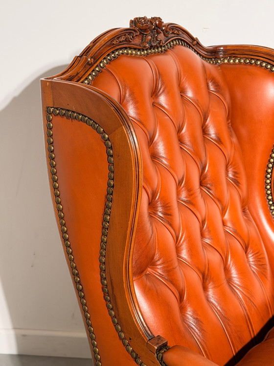 Antieke Cognac Leren Bergère Fauteuil – Wood (photo 6 of 6)