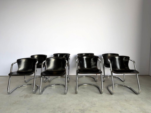 Sillas de comedor vintage de Willy Rizzo para Cidue, juego de 8, década de 1970. – eetkamerstoelen, Leather, Metal