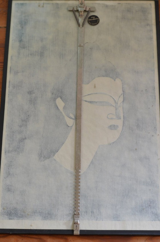 Ingelijste prent met gestileerd gezicht, Litho's & Zeefdrukken, Papier, Glas, Blauw, Aziatisch (foto 10 van 12)