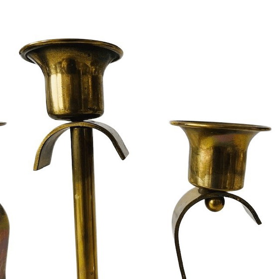 Image 1 of Candelabro antiguo Art Déco de latón de tres brazos, década de 1920.