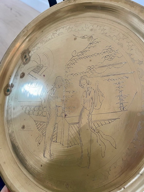 Image 1 of Table à thé asiatique ancienne avec bols en bronze